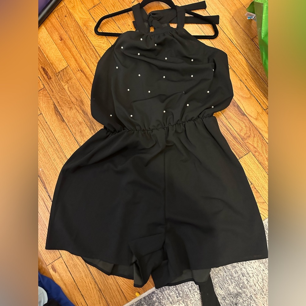 Black and pearl halter top romper